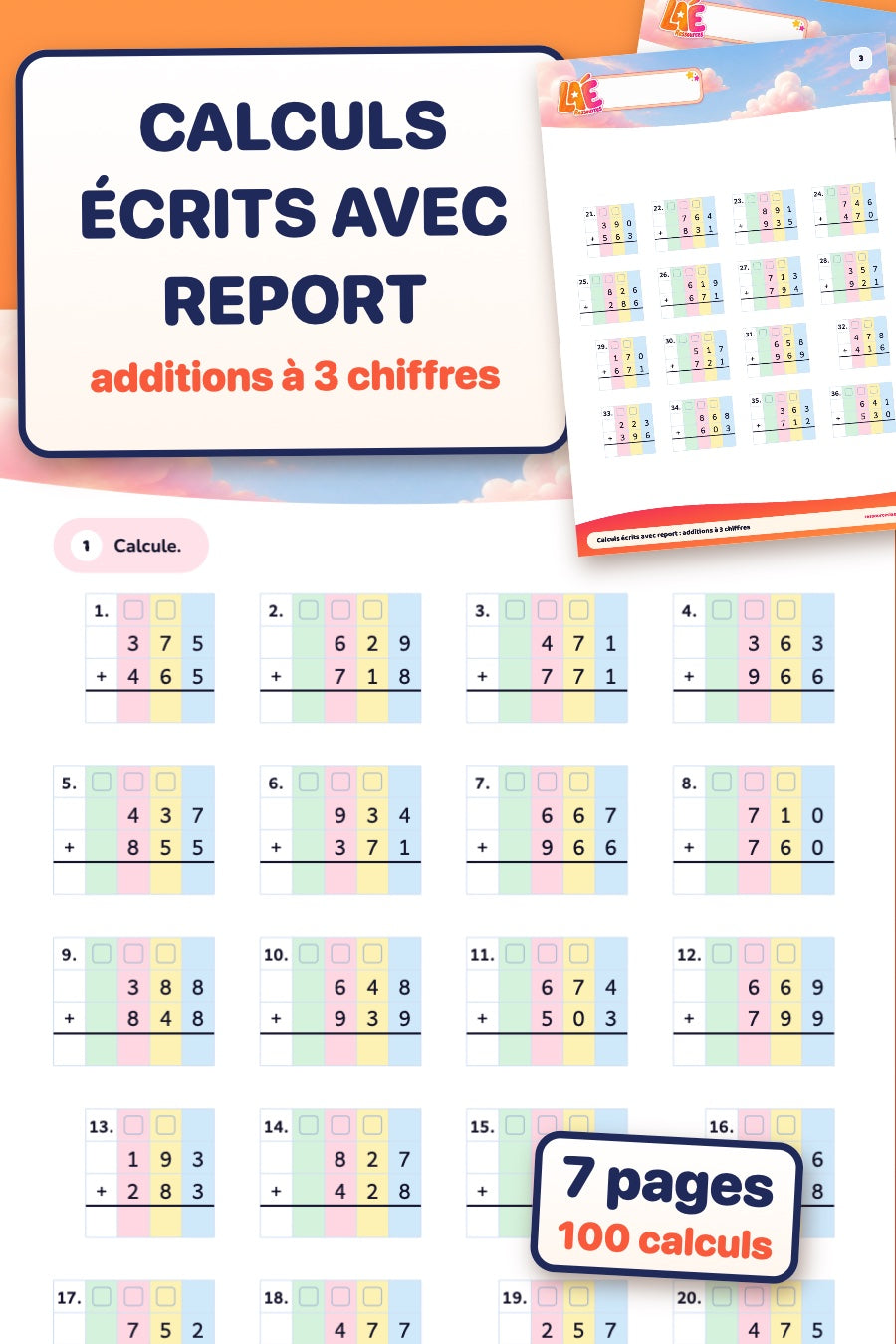Calculs écrits avec report : additions à 3 chiffres