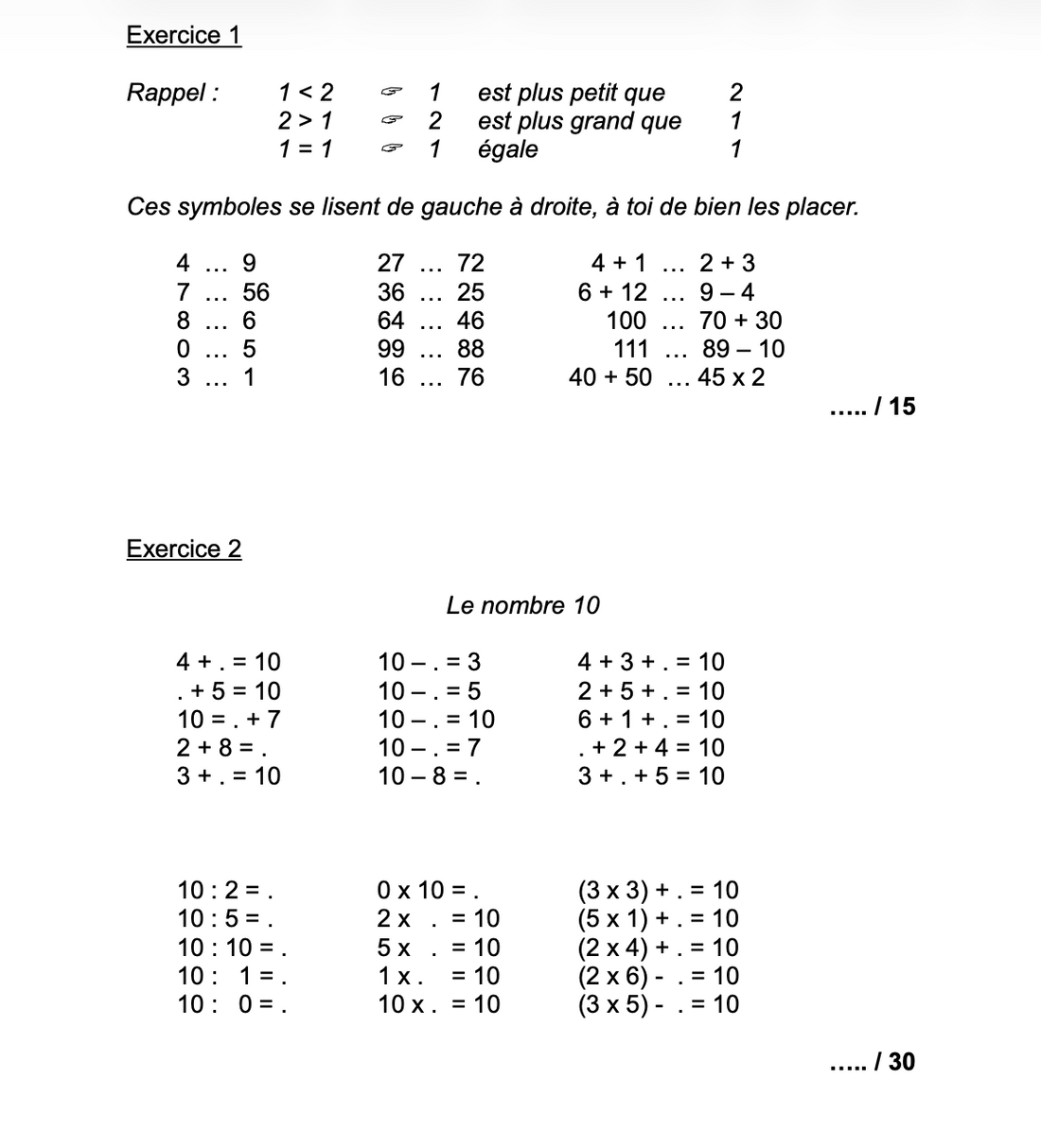Calculs mentaux : exercices - Maths (Primaire 1)