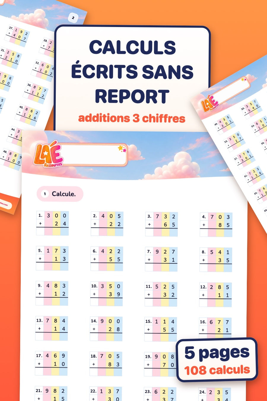 100 calculs écrits sans report : additions à 3 chiffres